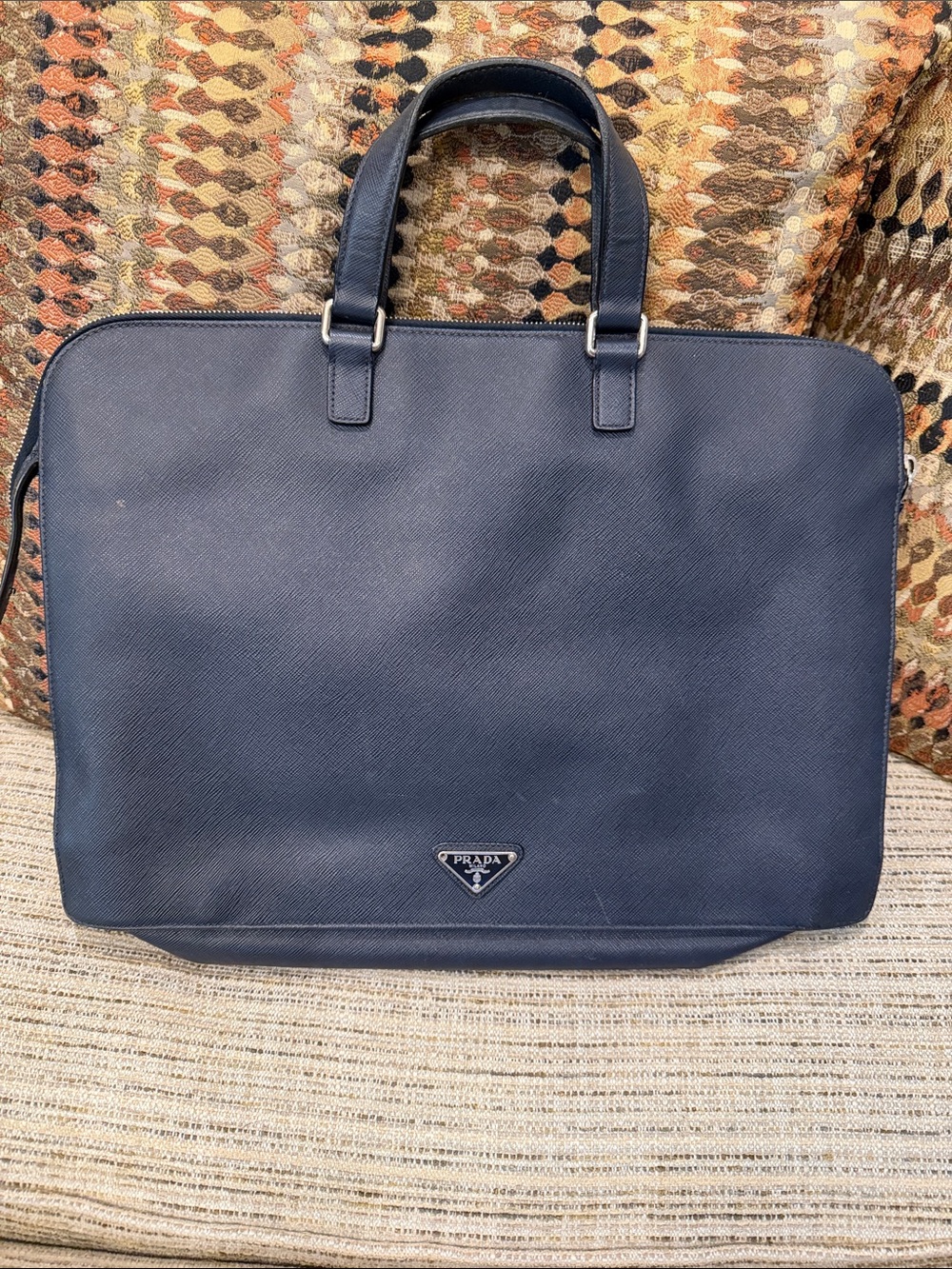 Prada Navy Saffiano Leather Work Briefcase
